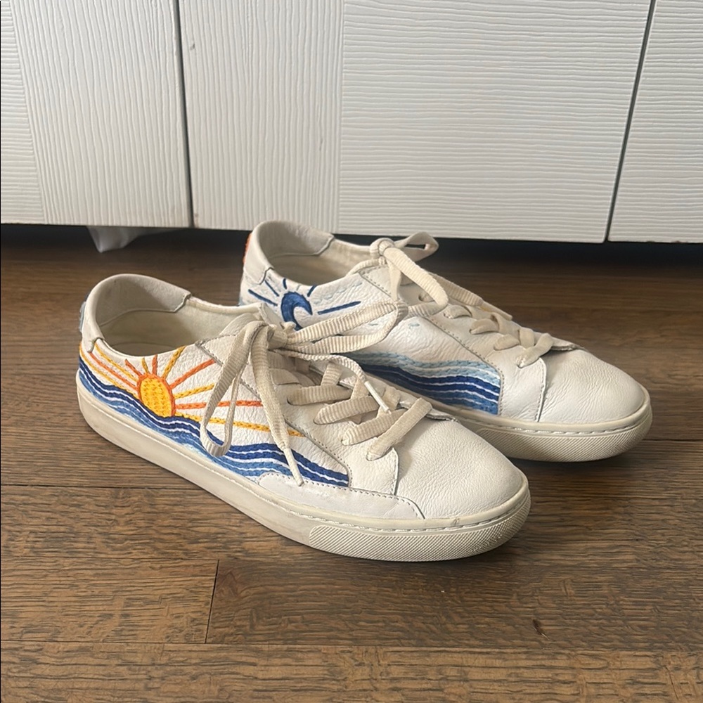 Soludos White and Blue Embroidered Sneakers
